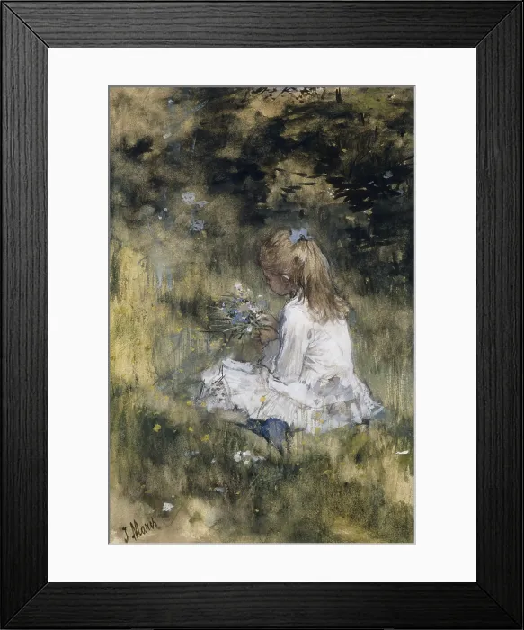 Framed Print : Girl with Flowers on the Grass, by Jacob Maris, 1878, Dutch watercolor painting, drawing with chalk