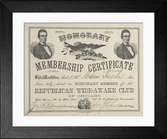 Framed Print : Honorary membership certificate for Abraham Lincoln in the Republican Wide-Awake Club of Chicago