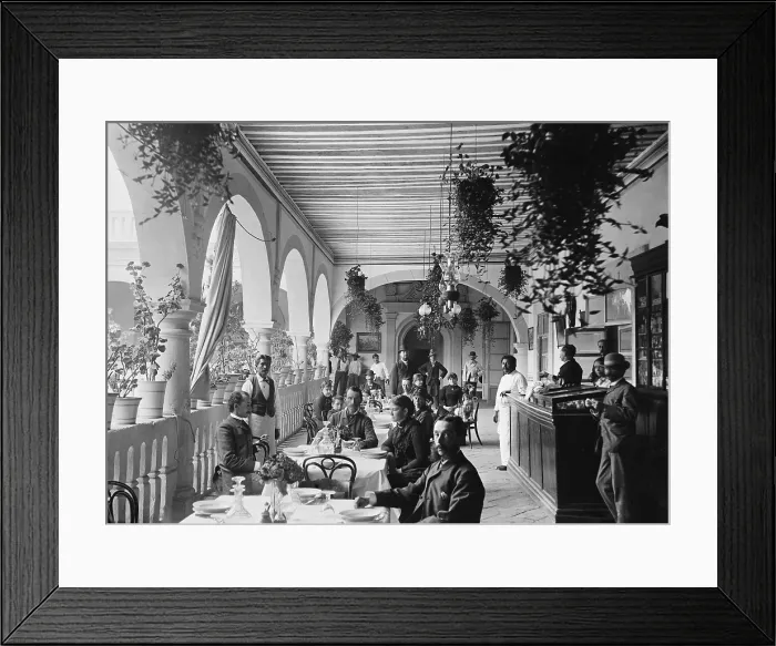 Framed Print : Veranda restaurant of the Hotel Diligencias, Puebla, Mexico, c. 1890. Rich and upper class city dwellers enjoyed the growth of the Mexican economy from the 1890s to 1900s Framed Print : Veranda restaurant of the Hotel Diligencias, Puebla, Mexico, c. 1890. Rich and upper class city dwellers enjoyed the growth of the Mexican economy from the 1890s to 1900s