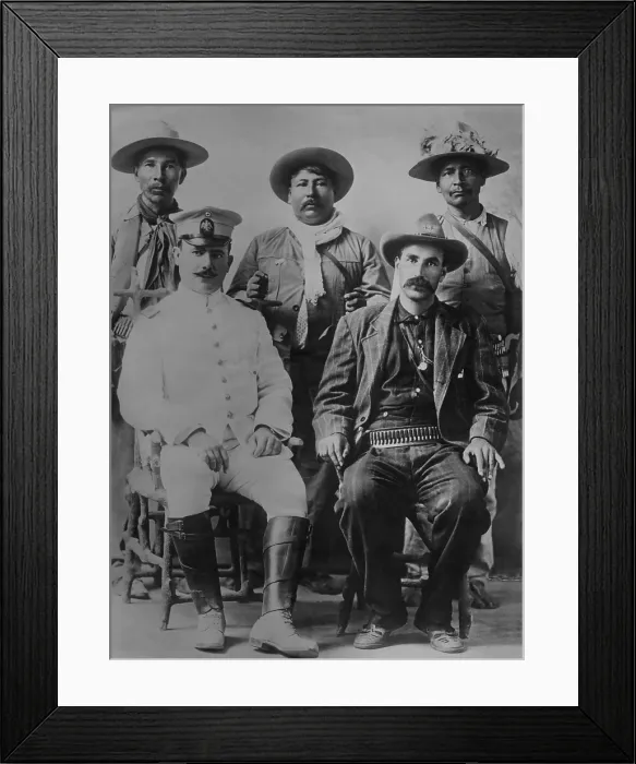 Framed Print : General Alvaro Obregon, poses with his staff of indigenous Yaquis in the Sonora militia. C. 1912-1915