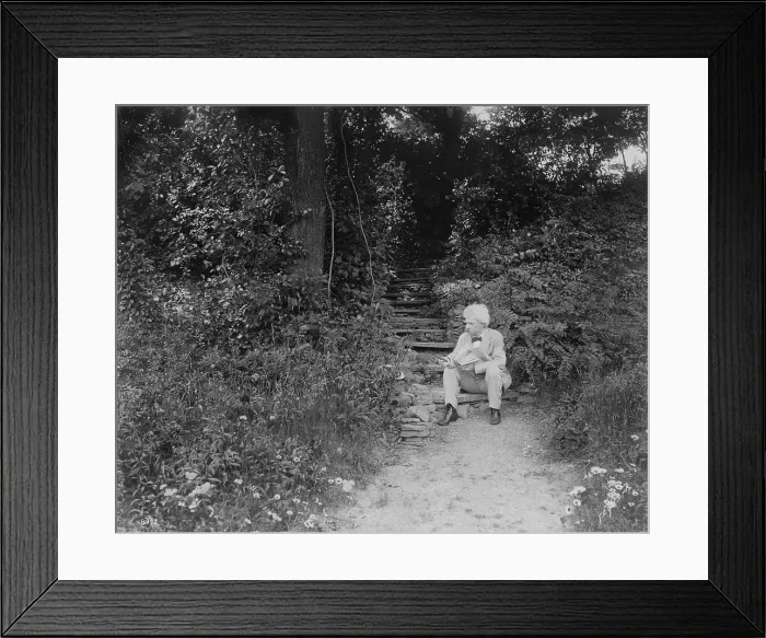 Framed Print : Mark Twain (aka Samuel Clemens), seated on step, outdoors, holding cigar, a book, and newspaper, 1903. Photo by T.E. Marr (BSLOC_2016_11_135)