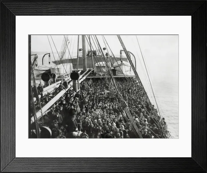 Framed Print : Immigrants on deck of the S.S. PATRICIA as she arrives in New York Harbor. The German steamship was owned by the Hamburg-American Line