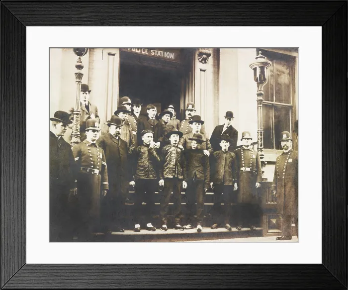 Framed Print : Chinese-American men standing outside NYC Police station with officers, Jan. 24, 1906