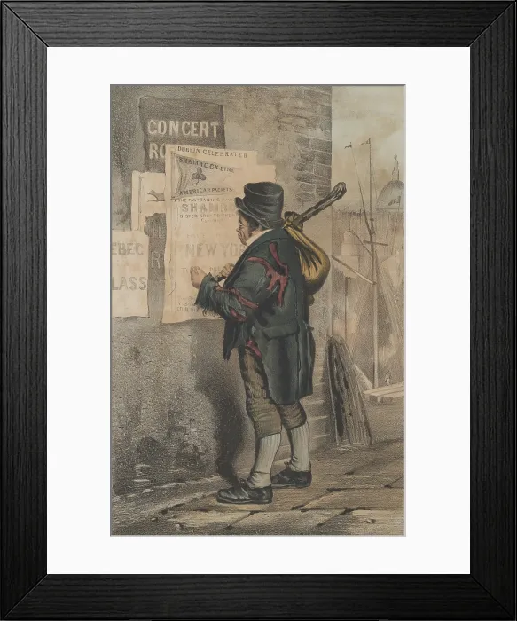 Framed Print : OUTWARD BOUND, a 1860 Currier & Ives print, shows an Irishman reading ship notices. He wears tattered clothes and carries a hobo bindle over his shoulder (BSLOC_2018_1_59) Framed Print : OUTWARD BOUND, a 1860 Currier & Ives print, shows an Irishman reading ship notices. He wears tattered clothes and carries a hobo bindle over his shoulder (BSLOC_2018_1_59)