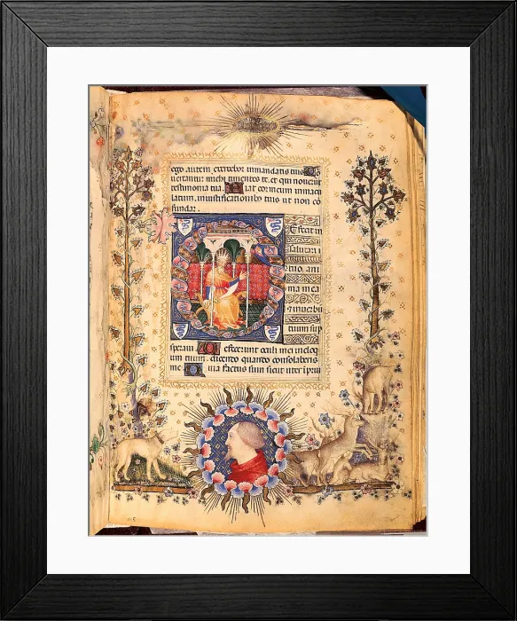 Framed Print : Giovannino de Grassi, Psalm 118 with portrait of Gian Galeazzo Visconti and Crowned Figure on Faldstool, 14th Century, papyrus, Italy, Tuscany, Florence