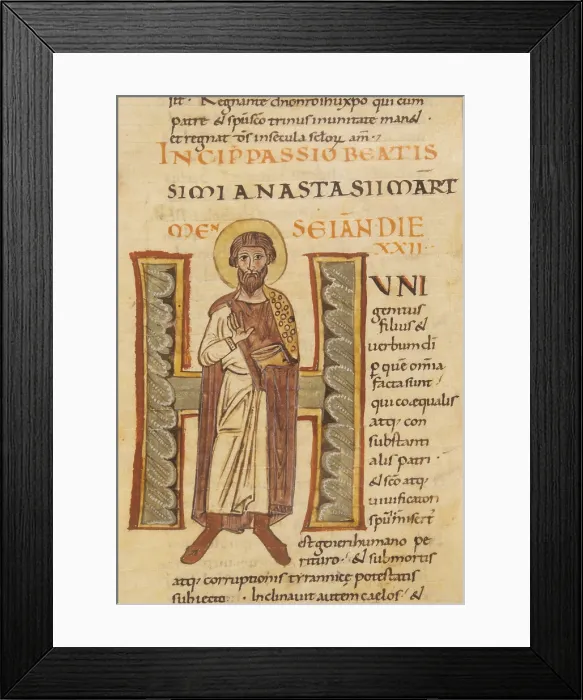 Framed Print : Illuminated Capital H with Saint Anastasio, Passionario, ms. F.N.II.I.412, f.26, by Unknown Artist, XI secolo, miniature - Italy, Tuscany, Florence, National Central Library