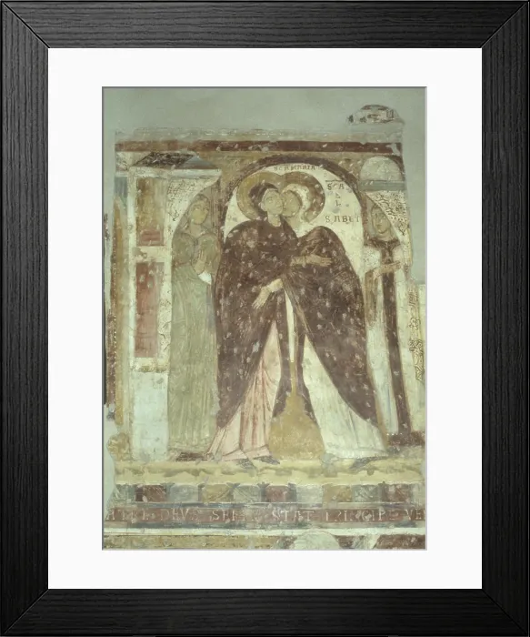 Framed Print : Visitation, by Unknown Artist, 11th Century, fresco - Italy, Lombardy, Casorezzo, Church of Saint Salvatore. Whole artwork view. Fragment of a fresco with the visitation Framed Print : Visitation, by Unknown Artist, 11th Century, fresco - Italy, Lombardy, Casorezzo, Church of Saint Salvatore. Whole artwork view. Fragment of a fresco with the visitation