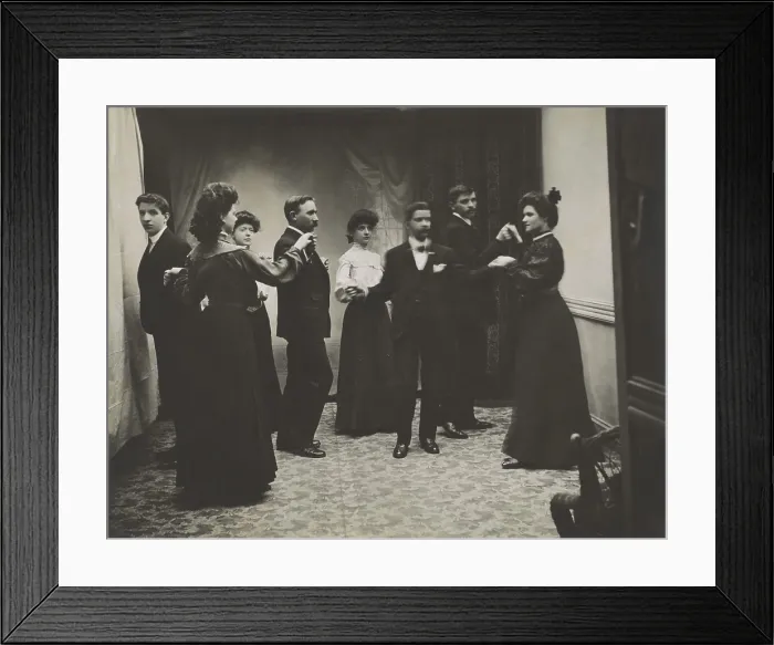 Framed Print : Young Irish American men and women executing an eight hand reel in NYC dancing class, 1905