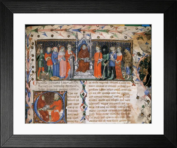 Framed Print : Maestro del codice Latino 757, field Giovannino de Grassi, De remedijs utrusque fortunae: title page with Petrarch in throne surrounded by characters, 14th Century
