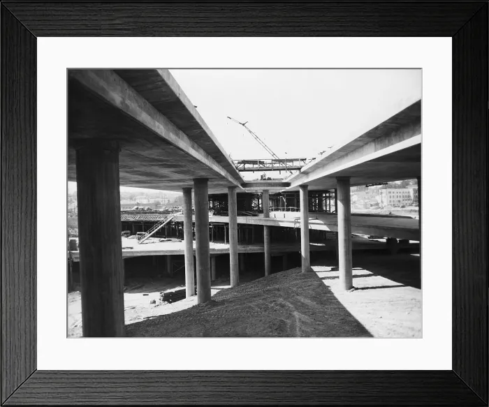 Framed Print : Four-level clover leaf Expressway intersection under construction near downtown Los Angeles in 1949. LC-USZ62-100496
