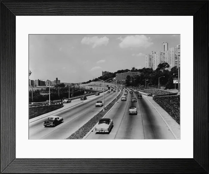 Framed Print : Major Deegan expressway seven miles outside New York City has six lanes to accommodate increasing suburban commuter traffic in 1957. LC-USZ62-125519