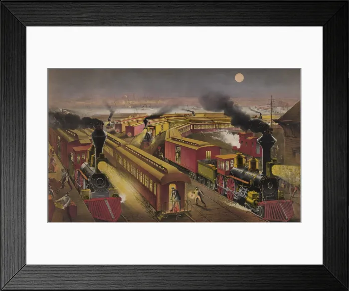 Framed Print : Night scene at an American railway junction in 1876. Three trains the Lightning Express Flying Mail and Owl Trains are in the multi-track station. LC-DIG-pga-00843