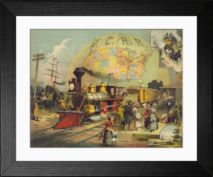Framed Print : 1882 poster for the Illinois Central Railroad shows passengers waiting for their train