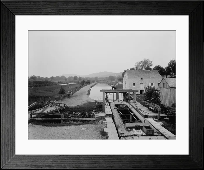Framed Print : Canal boat passing through a lock on the Morris and Essex Canal Waterloo N.J. ca. 1895. In left mid-ground are two mules pulling the boat through the canal. LC-D4-12034 Framed Print : Canal boat passing through a lock on the Morris and Essex Canal Waterloo N.J. ca. 1895. In left mid-ground are two mules pulling the boat through the canal. LC-D4-12034