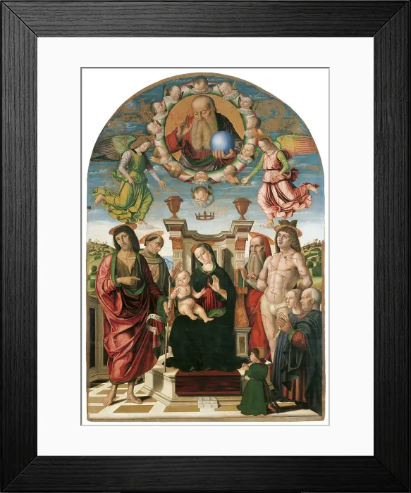 Framed Print : Madonna and Child Enthroned with St John Baptist, St Francis, St Jerome, St Sebastian (Pala Buffi), by Giovanni Santi, 1489 about, 15th Century, painting on curved panel