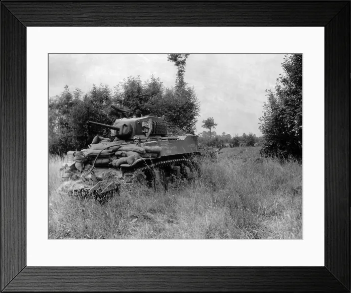 Framed Print : U.S. light tank equipped with the Culin Hedgecutter for breaching the Norman hedgerows. The sharp blades were made from German steel obstacles on the invasion beaches