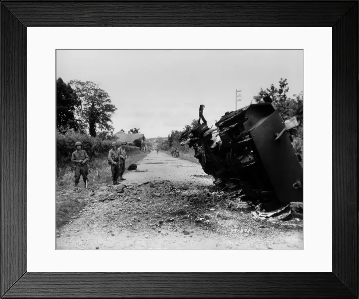 Framed Print : Destroyed U.S. tank at La Haye-du-Puits, Normandy. All crew members except one escaped. July 9, 1944. Normandy Campaign, France, World War 2. (BSLOC_2014_2_99)