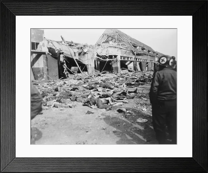 Framed Print : American soldiers look at the long rows of bodies at Nordhausen concentration camp. The slave labor prisoners died from malnutrition, cruelty, and disease in filthy conditions Framed Print : American soldiers look at the long rows of bodies at Nordhausen concentration camp. The slave labor prisoners died from malnutrition, cruelty, and disease in filthy conditions