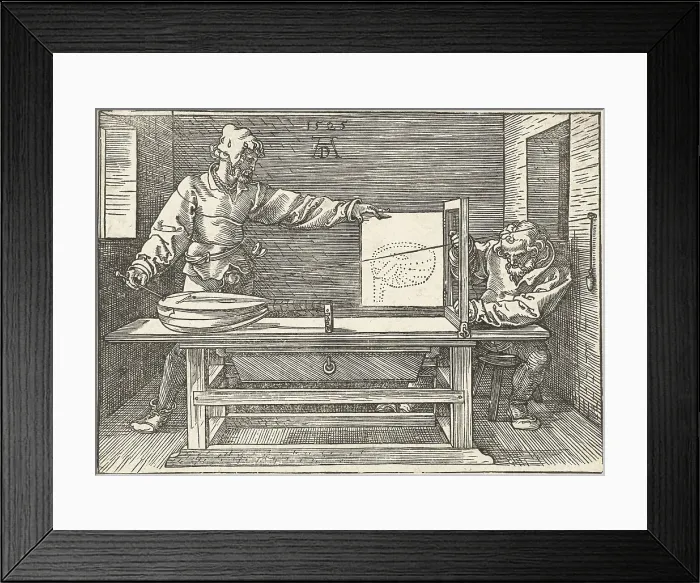 Framed Print : An Artist Draws a Lute, by Albrecht Durer, 1525, print, engraving. Artist conducting an experiment in rendering a lute in linear perspective (BSLOC_2016_2_124)