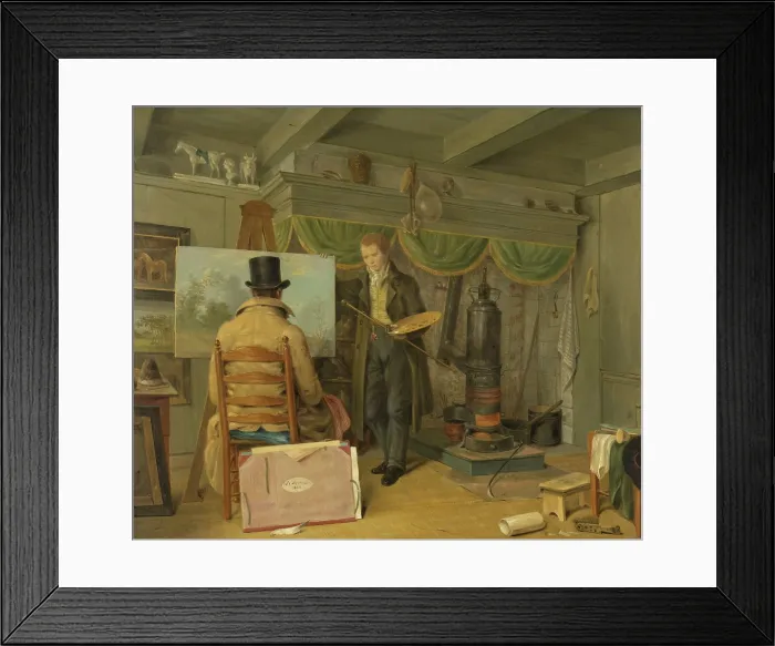Framed Print : The Artist at his Studio, by Anthony Oberman, 1820, Dutch painting, oil on canvas. A visitor in the artist's studio studies a landscape painting