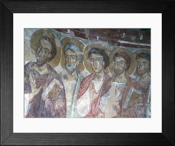 Framed Print : Apostles, by Unknown Artist, 5th - 11th Century, fresco - Italy, Sardinia, Montemonaco, San Giorgio all'Isola. Whole artwork view. Line of saints apostles Framed Print : Apostles, by Unknown Artist, 5th - 11th Century, fresco - Italy, Sardinia, Montemonaco, San Giorgio all'Isola. Whole artwork view. Line of saints apostles