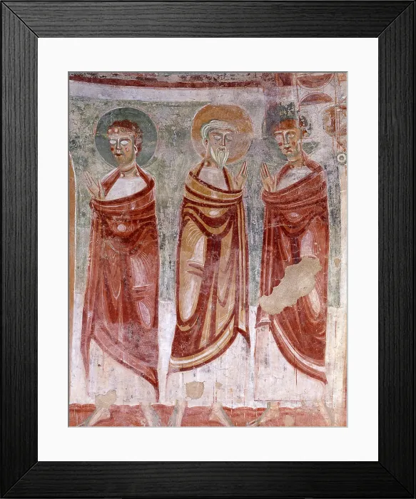 Framed Print : Decoration, by Unknown Artist, 11th Century, fresco - Italy, Piedmont, Briga Novarese, Church of Saint Thomas. Detail. Three apostles