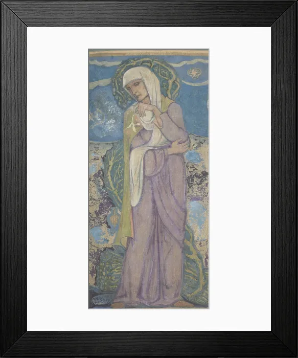 Framed Print : Recollection, by Richard Roland Holst, 1913, Dutch painting. Allegory with a old woman standing with a flower in the right hand with stylized tree in background (BSLOC_2016_2_292)