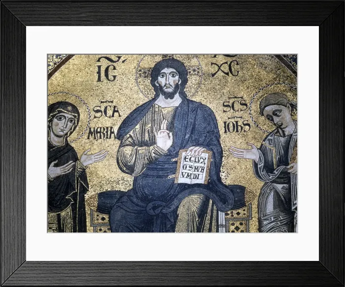 Framed Print : Enthroned Christ between the Virgin and St. John the Evangelist, 1207, 13th Century, mosaic - Italy, Umbria, Spoleto, Cathedral. Detail