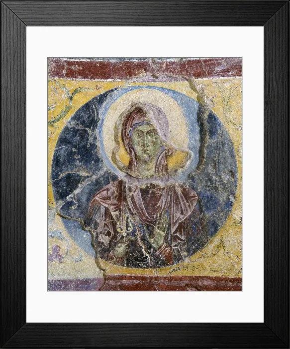 Framed Print : Saint Scholastica, by Unknown Artist, 5th - 11th Century, fresco - Italy, Lazio, Montecassino, Abbey. Whole artwork view. Round frame with the head of the holy woman Framed Print : Saint Scholastica, by Unknown Artist, 5th - 11th Century, fresco - Italy, Lazio, Montecassino, Abbey. Whole artwork view. Round frame with the head of the holy woman