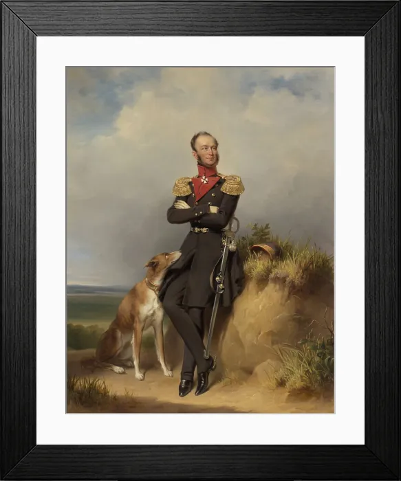 Framed Print : William II, King of the Netherlands, by Jan Adam Kruseman, 1839, Dutch painting, oil on canvas. Wearing a military uniform, he is with his dog on sand dunes (BSLOC_2016_2_261)