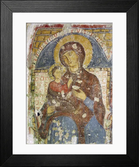 Framed Print : Madonna with Child, by Unknown Artist, 11th Century, fresco - Italy, Puglia, Mottola, Church of Saint Gregory. Detail. Mary holding baby Jesus