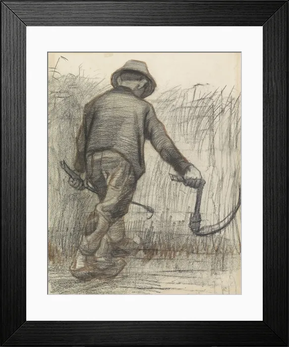 Framed Print : Wheat Mower with Hat, Seen from Behind, by Vincent van Gogh, c. 1870-90, Dutch drawing, chalk and pencil on paper. Harvester cutting ripe grain with his scythe (BSLOC_2016_2_300)