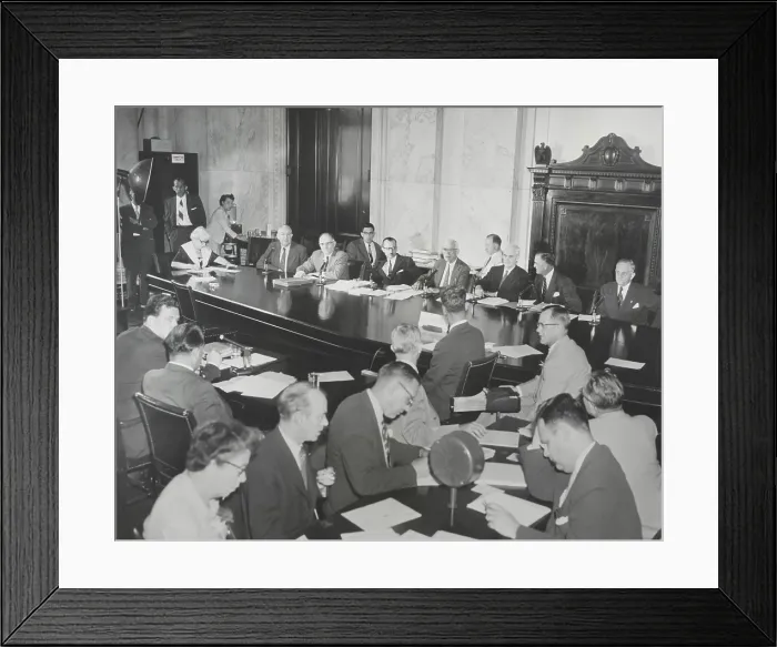 Framed Print : Wisconsin Senator Joseph McCarthy, (left, back to camera), facing the Watkins Committee. McCarthy would attack Watkins, and was expelled from the room Framed Print : Wisconsin Senator Joseph McCarthy, (left, back to camera), facing the Watkins Committee. McCarthy would attack Watkins, and was expelled from the room