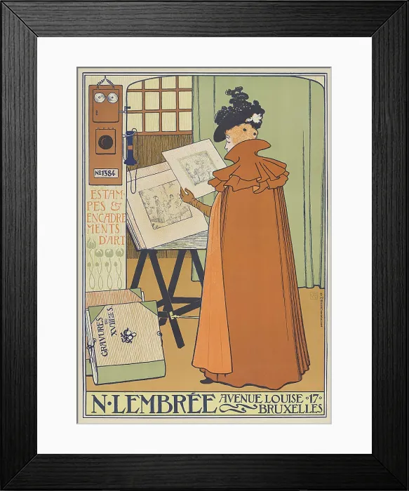 Framed Print : Displays of N. Lembre Prints and Art Frames, by Theo Van Rysselberghe, 1897. Poster for store with woman in long cloak viewing an art print (BSLOC_2016_2_145)