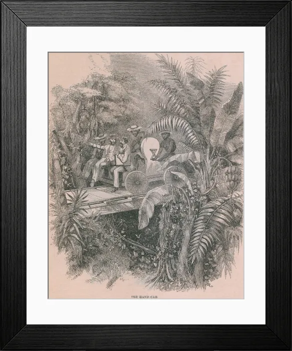 Framed Print : Men on a handcar powered by two Panamanian workers crossing the Isthmus of Panama. Before the completion of the Trans-Continental Railroad this was fastest route from the U.S Framed Print : Men on a handcar powered by two Panamanian workers crossing the Isthmus of Panama. Before the completion of the Trans-Continental Railroad this was fastest route from the U.S