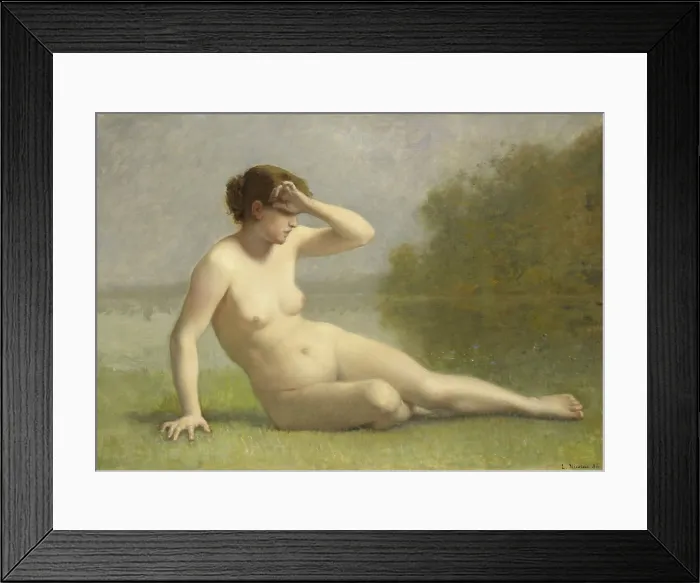 Framed Print : Nymph, by L. Nicolas, 1886, Dutch painting, oil on canvas. A young naked woman sitting in the grass at the water's edge (BSLOC_2016_2_151)