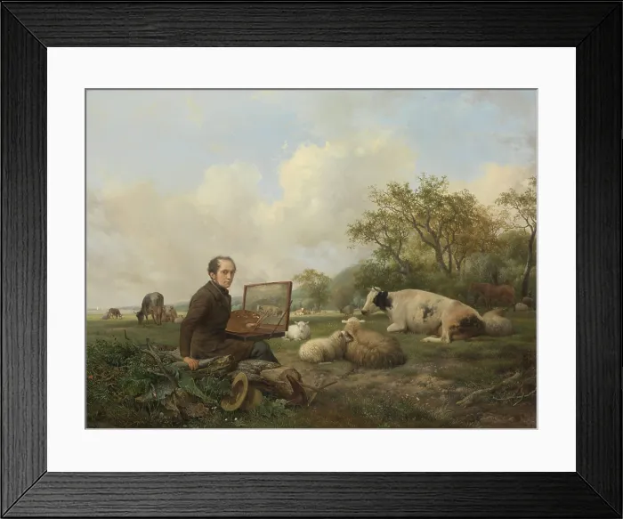 Framed Print : Artist Painting a Cow in a Meadow, by Hendrikus van de Sande Bakhuyzen, 1850, Dutch oil painting. Self portrait of the artist painting a cow in a pasture (BSLOC_2016_2_137) Framed Print : Artist Painting a Cow in a Meadow, by Hendrikus van de Sande Bakhuyzen, 1850, Dutch oil painting. Self portrait of the artist painting a cow in a pasture (BSLOC_2016_2_137)