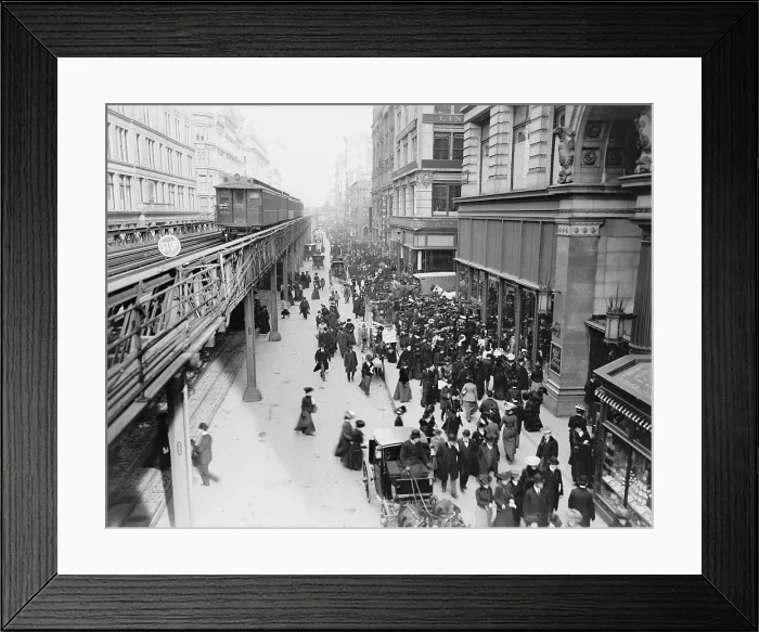 Framed Print : New York City's Sixth Avenue crowded with shoppers in 1903. Horse drawn carriages and wagons travel on the street level as an elevated train passes above. LC-D4-9145 Framed Print : New York City's Sixth Avenue crowded with shoppers in 1903. Horse drawn carriages and wagons travel on the street level as an elevated train passes above. LC-D4-9145
