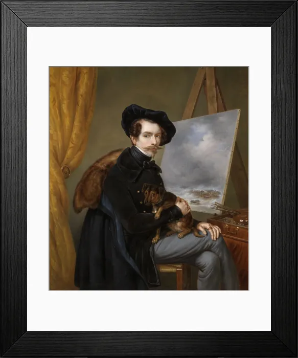 Framed Print : Self-Portrait, by Louis Meijer, 1838, Dutch painting, oil on canvas. Wearing a black beret, the artist is at his easel with a dog on his lap Framed Print : Self-Portrait, by Louis Meijer, 1838, Dutch painting, oil on canvas. Wearing a black beret, the artist is at his easel with a dog on his lap