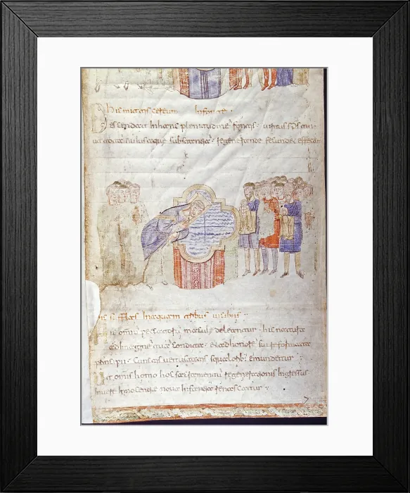 Framed Print : Baptism, by Unknown Artist, 10th Century, manuscript page - Italy, Lazio, Rome, Casanatense Library. Whole artwork view. Page from the Book of Blessings, ms. Cas. 724