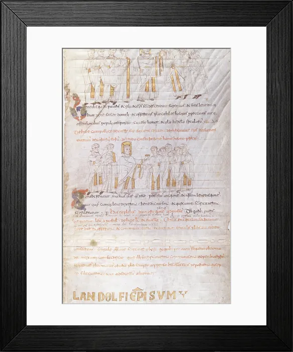 Framed Print : Ordination of priests, by Unknown Artist, 10th Century, manuscript page - Italy, Lazio, Rome, Casanatense Library. Whole artwork view. Page from the Pontifical, ms. Cas. 724