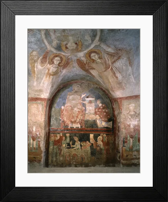 Framed Print : The Bishop Rinaldo di Gaeta offers the Shrine to Our Lady, The construction of the Sanctuary and donors, 5th - 11th Century, fresco - Italy, Lazio, Ausonia
