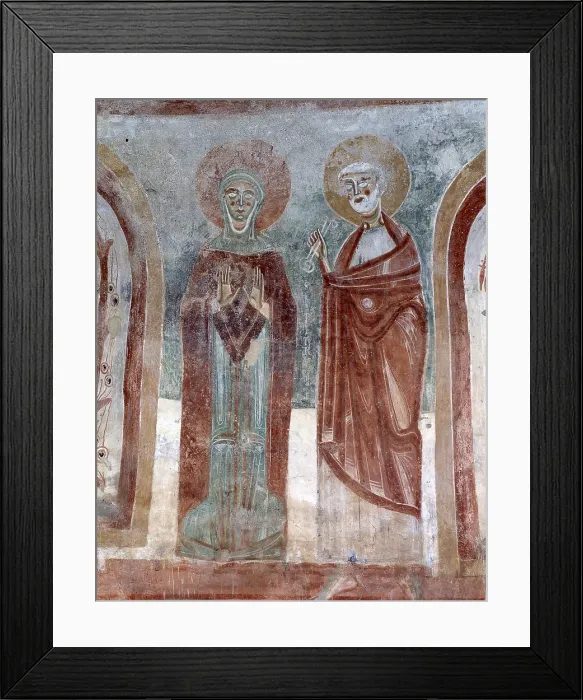 Framed Print : Virgin and Saint Peter, by Unknown Artist, 11th Century, fresco - Italy, Piedmont, Briga Novarese, Church of St. Thomas. Detail. The Virgin, on the left, and St Framed Print : Virgin and Saint Peter, by Unknown Artist, 11th Century, fresco - Italy, Piedmont, Briga Novarese, Church of St. Thomas. Detail. The Virgin, on the left, and St