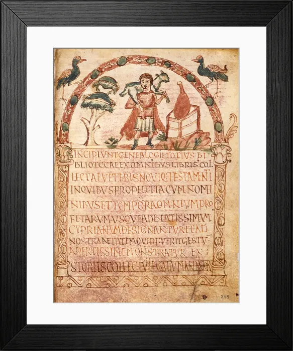 Framed Print : The Good Shepherd, by Unknown Artist, 800, 9th Century, miniature - Italy, Tuscany, Lucca, Capitolare Feliniana Library. Whole artwork view. Miniature from the Incipit, MS