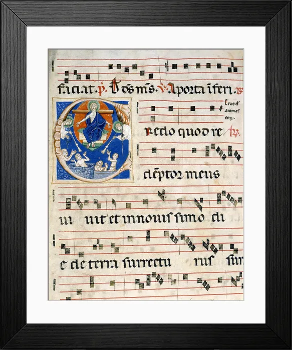 Framed Print : Capital C with Last Judgment, by Unknown Artist, miniature - Italy, Sardinia, Oristano, Saint Mary Cathedral. Whole artwork view