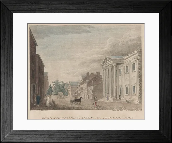 Framed Print : First Bank of the United States on Third Street Philadelphia was chartered by the Federal government as central bank that held public funds and controlled currency circulation
