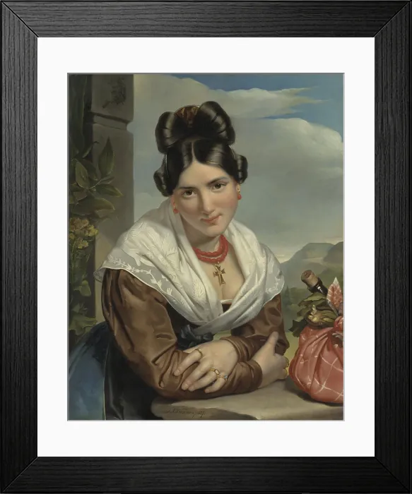 Framed Print : A Young Girl Reposing, by Jan Adam Kruseman, 1827, Dutch painting, oil on canvas. Young woman in Italian costume leaning forward with her folded arms on a balustrade Framed Print : A Young Girl Reposing, by Jan Adam Kruseman, 1827, Dutch painting, oil on canvas. Young woman in Italian costume leaning forward with her folded arms on a balustrade