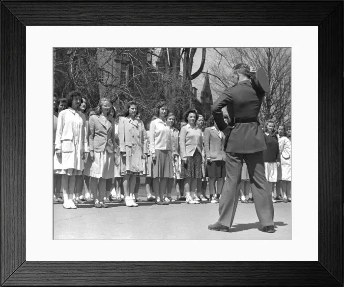 Framed Print : Drill Instructor looks over new arrivals to Marine Corps Women's Reserve Officer's Candidate School. Ca.1945. (BSLOC_2015_14_115)