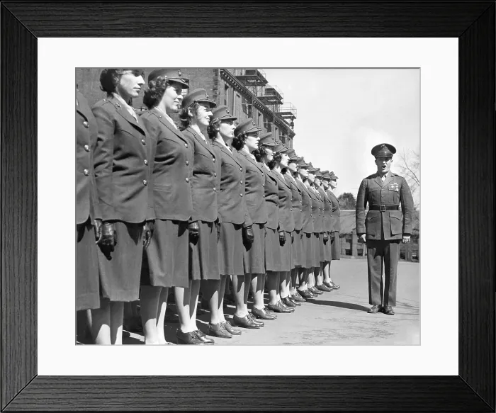Framed Print : Drill Instructor with uniformed recruits at Marine Corps Women's Reserve Officer's Candidate School. Ca.1945. (BSLOC_2015_14_116)