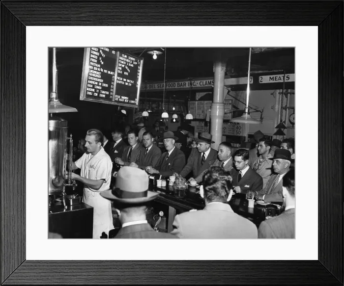 Framed Print : Businessmen eating at Pete's Bar in Washington Market, New York City, 1950. (BSLOC_2015_14_143)